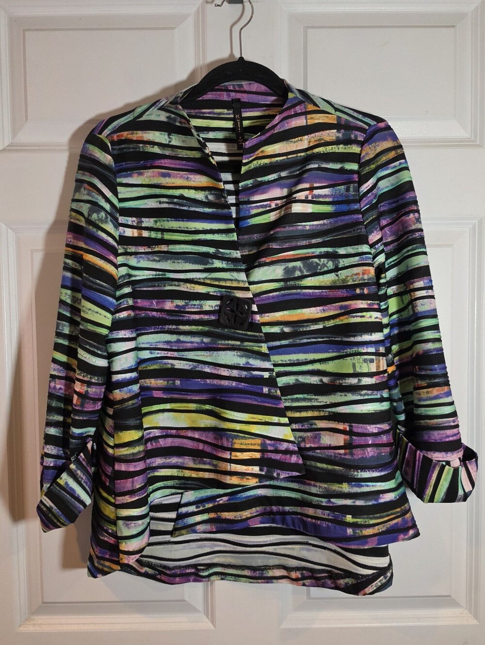 IC by Connie K colorful Geometric Striped Jacket Single Button Closure Unique M